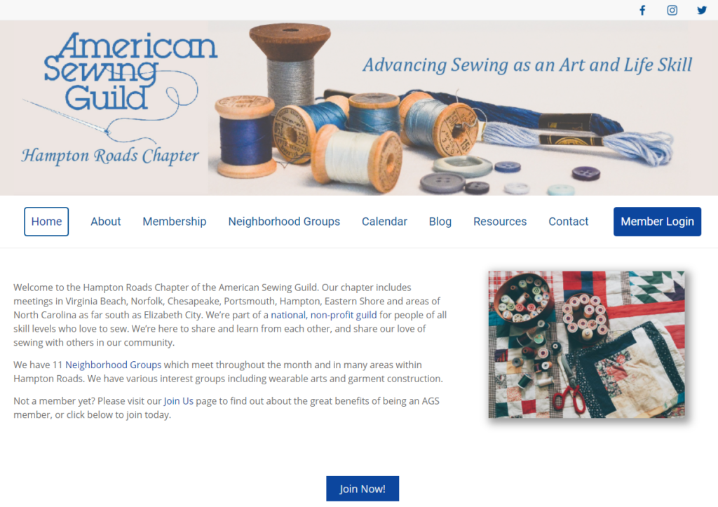 American Sewing Guild Hampton Roads frontpage of website